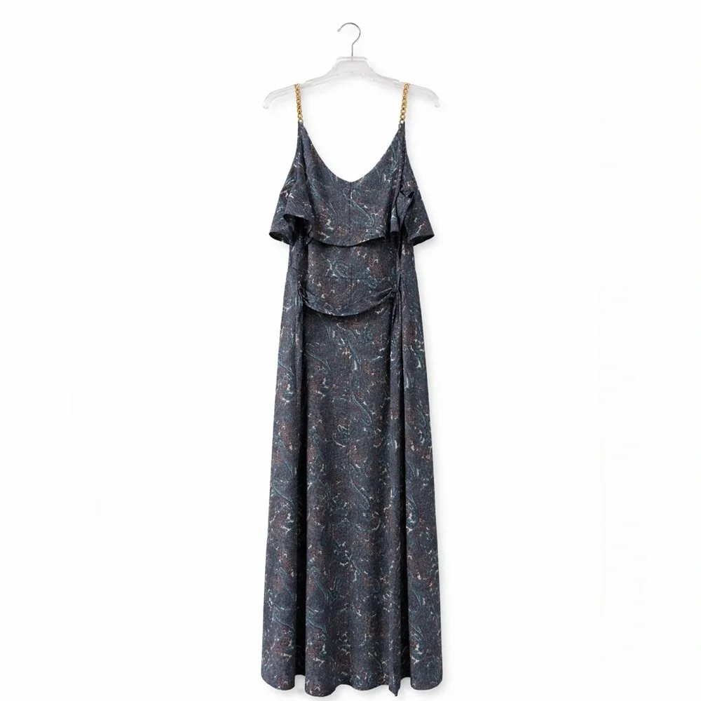 Michael Michael Kors Paisley Maxi‎ Dress w/ Gold Chain Straps Ruffle Size: L